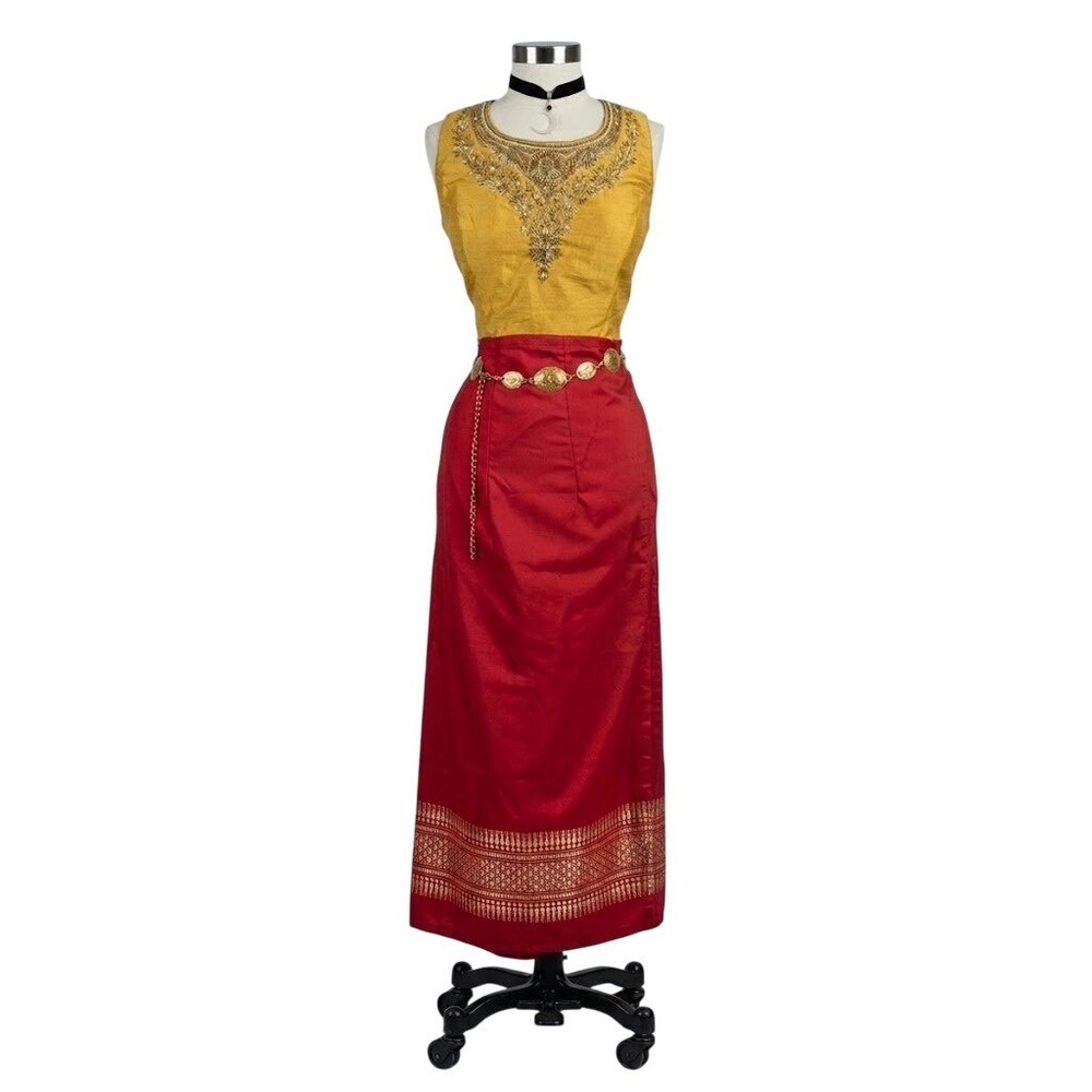 Thai Silk 2 Piece Set Yellow Embroidered Top Red Wrap Skirt Traditional Dress